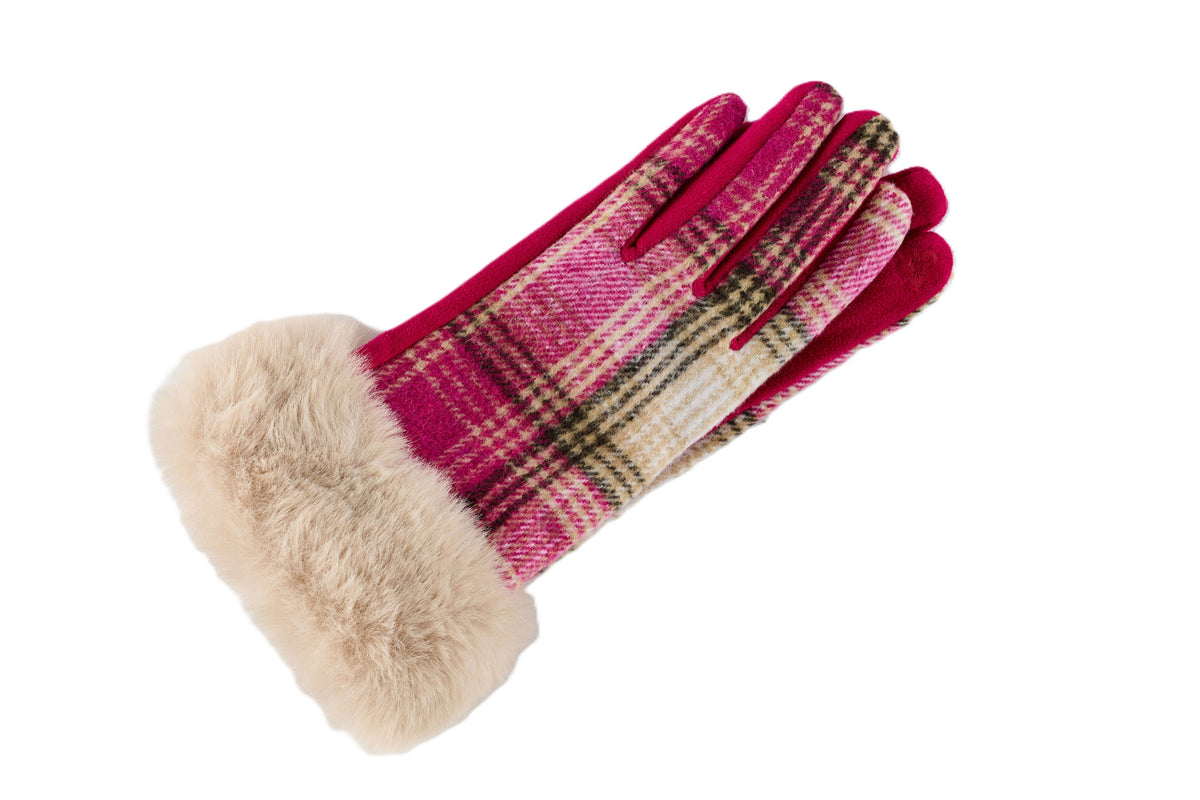 Plaid With Fur Cuff Fleece Lined Gloves, 3 Assorted