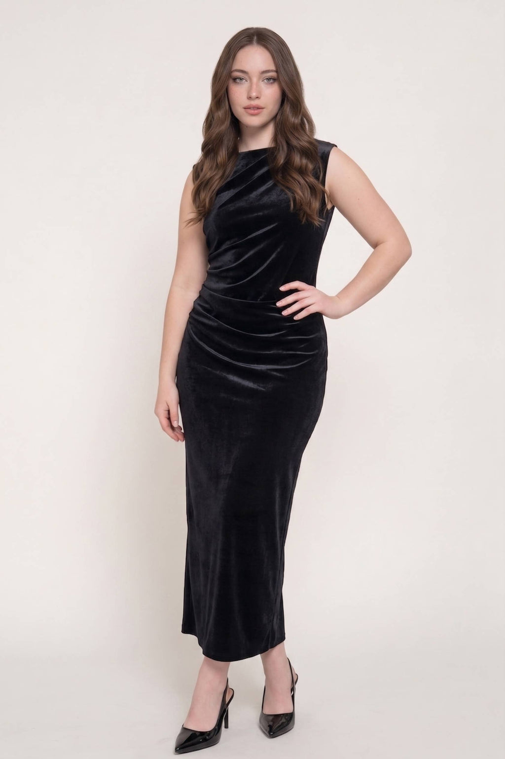 Sleeveless Crew Neck Ruched Velvet Dress