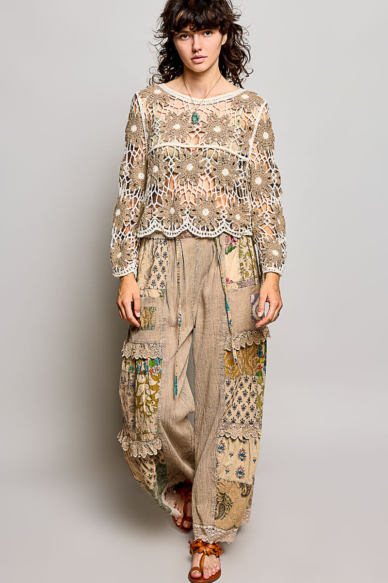 POL Mocha Multi Color Crochet Knit Top