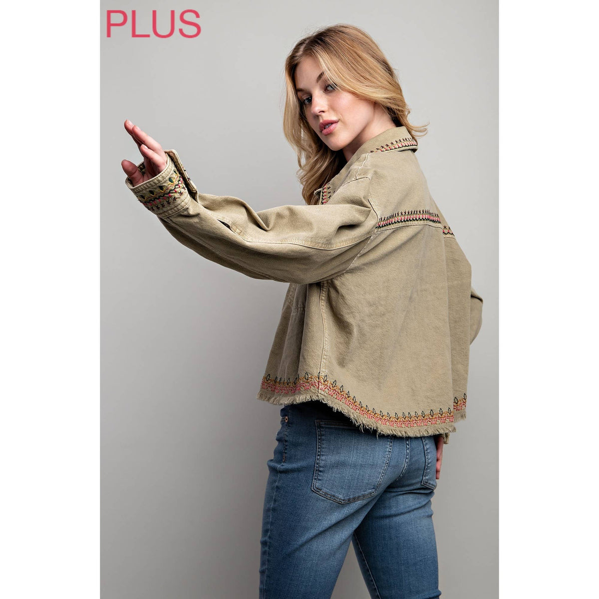 PLUS EMBROIDERED WASH COTTON JACKET