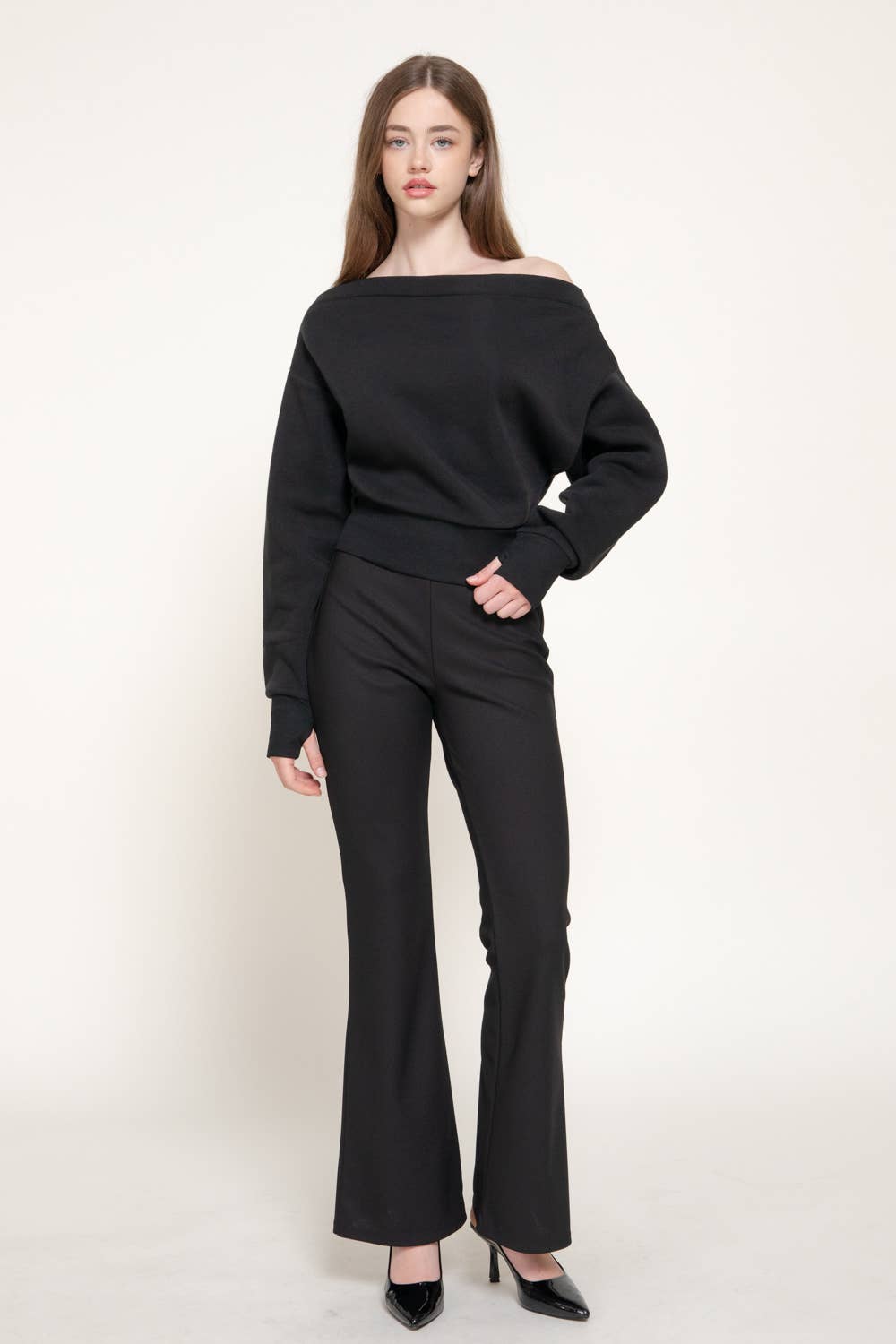 Long Sleeve Off The Shoulder Thumb Hole Inner Fleece Top
