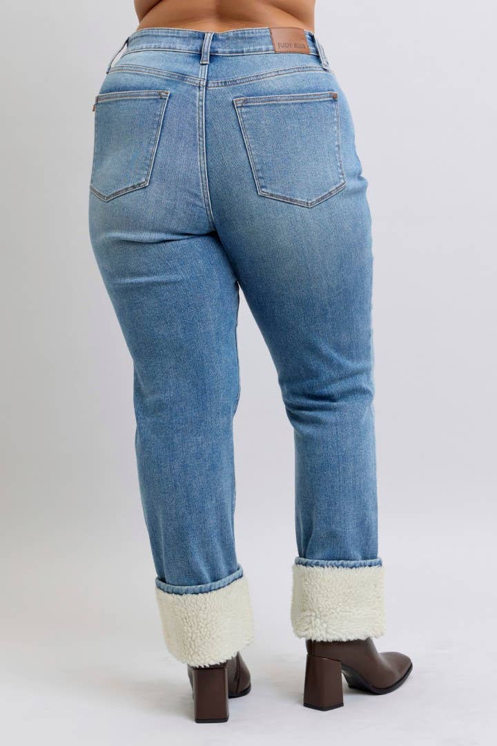 High Waisted Shearling Cuff Straight- PLUS