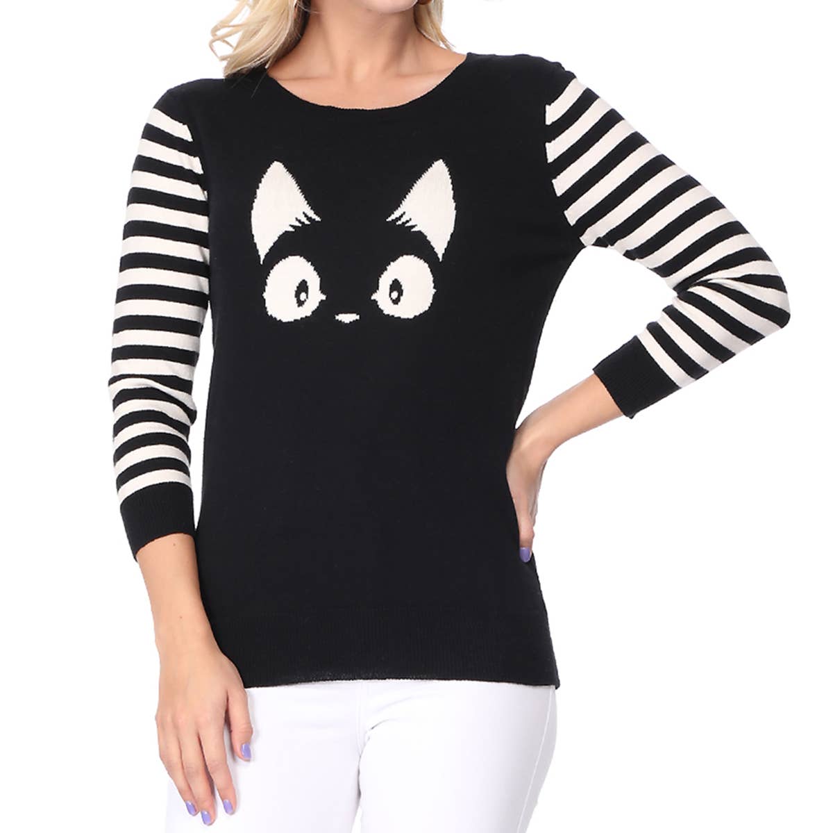 3/4 Sleeve Kitty Cat Crewneck Pullover Sweater MK3375