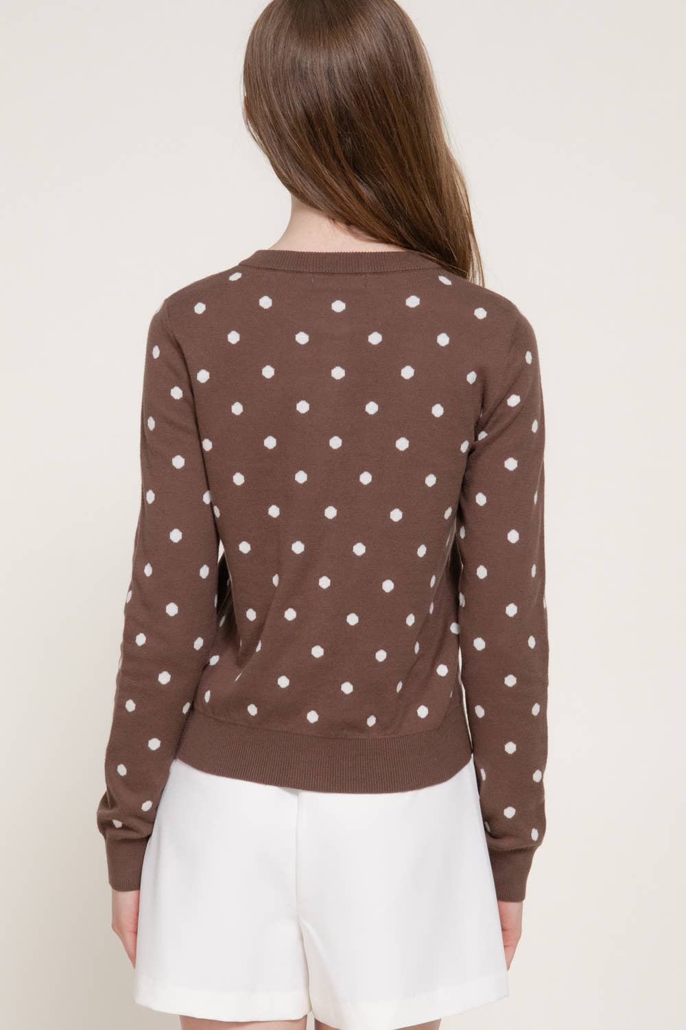 Long Sleeve Crew Neck Button Down Dot Sweater Cardigan