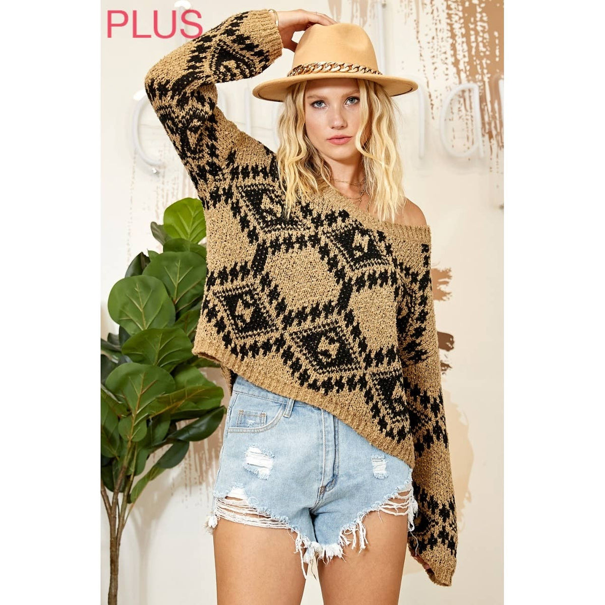 PLUS MULTI PATTERN SWEATER KNIT PULLOVER