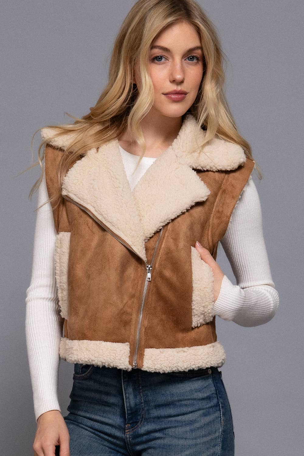 Faux Suede Inner Fur Zip Up Vest