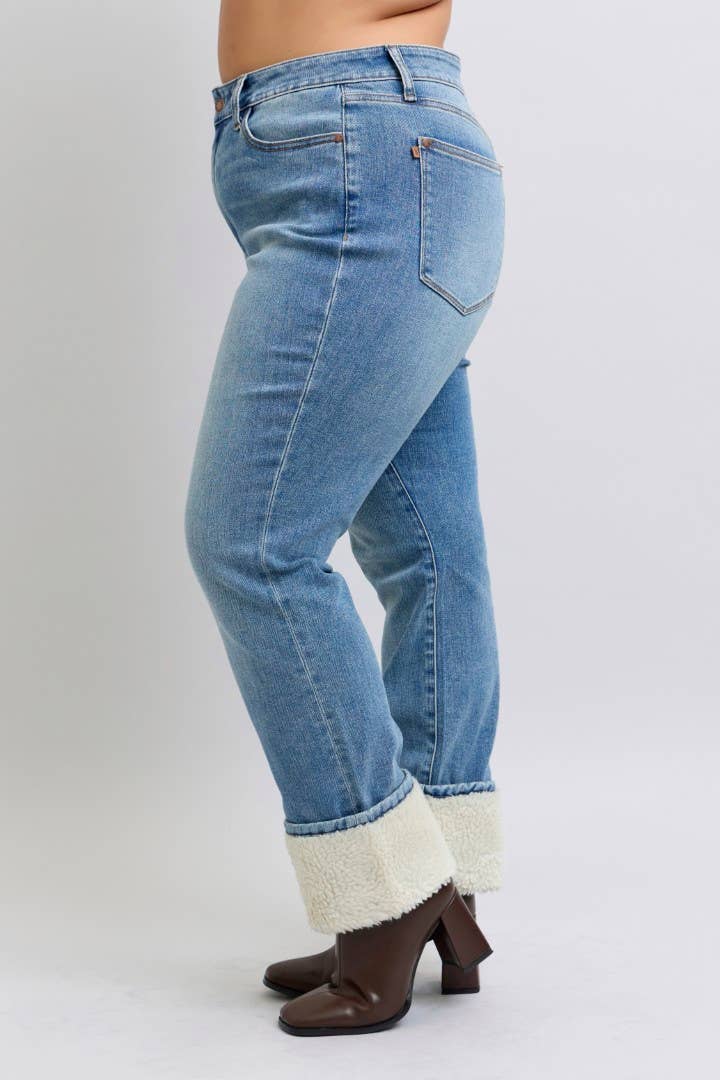 High Waisted Shearling Cuff Straight- PLUS