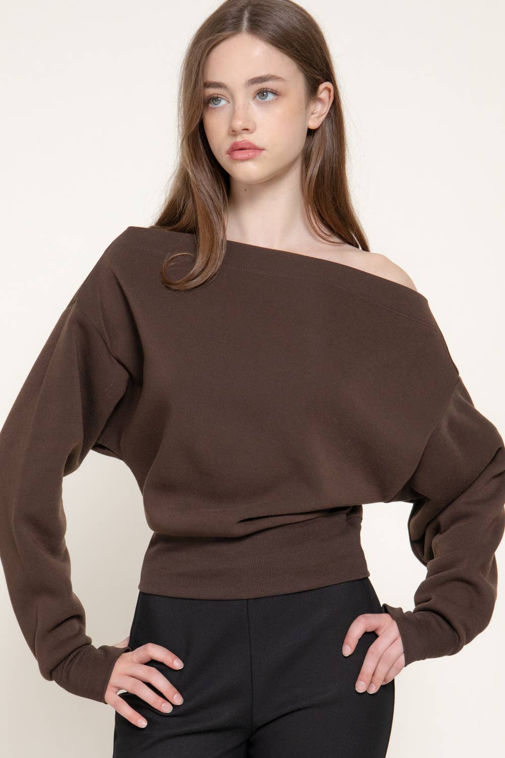 Long Sleeve Off The Shoulder Thumb Hole Inner Fleece Top
