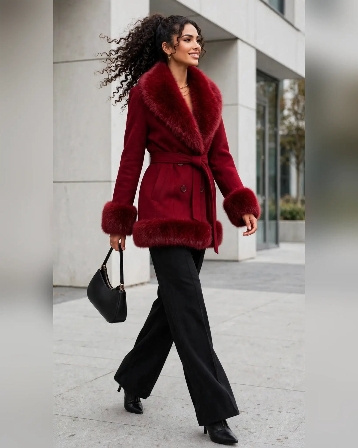 CLAWJ0120: Women's Belted Faux Fur Collar Wrap Coat