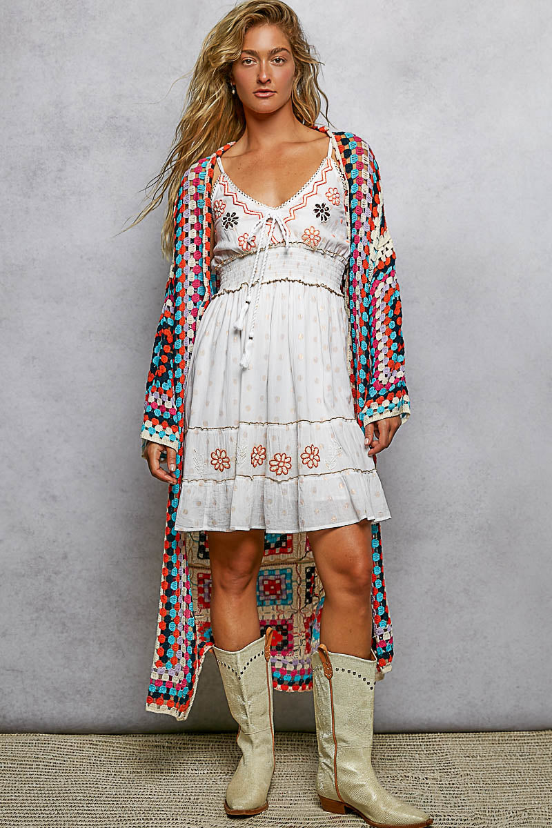 POL Beige Multi Oversized Crochet Knit Cardigan
