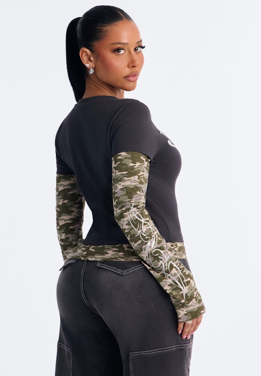 Von Dutch Rhinestone Camo Layered Long Sleeve Tee - Black Combo