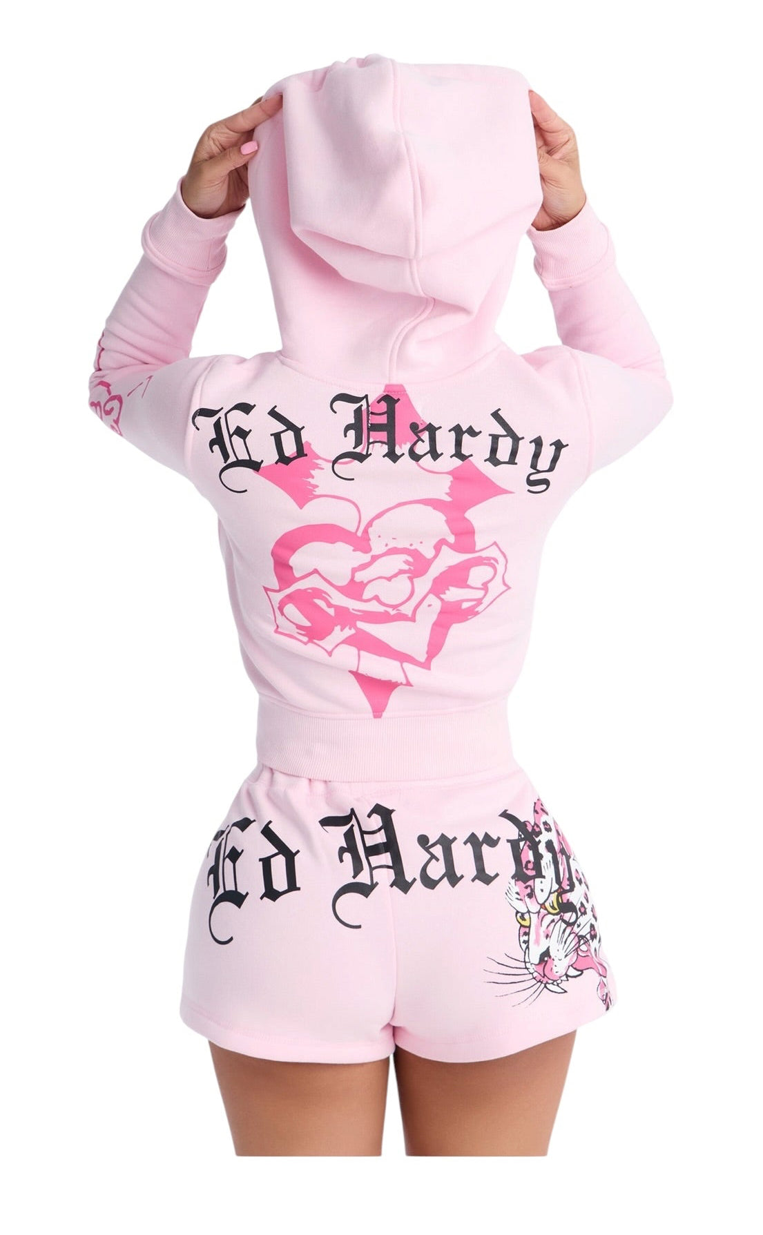 Ed Hardy Leopard Flame Dragon Graphic Zip-Up Hoodie - Pink