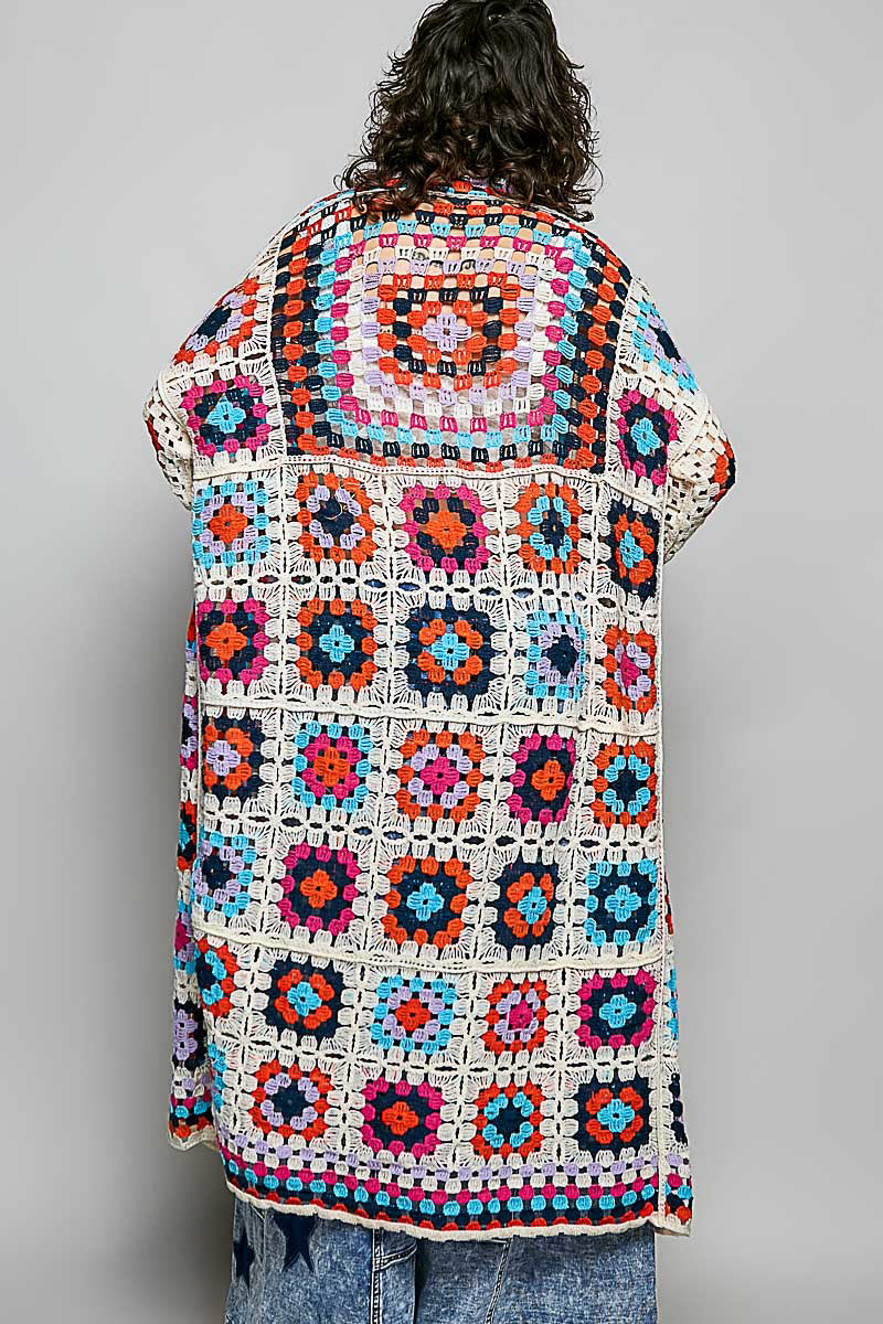 POL Beige Multi Oversized Crochet Knit Cardigan
