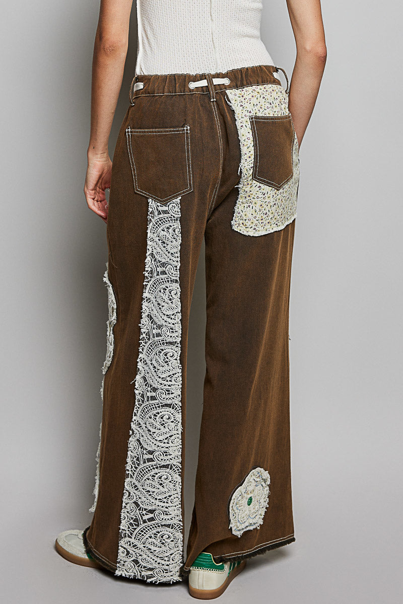 POL Rustic Charcoal Floral Patch Relaxed Denim Pants