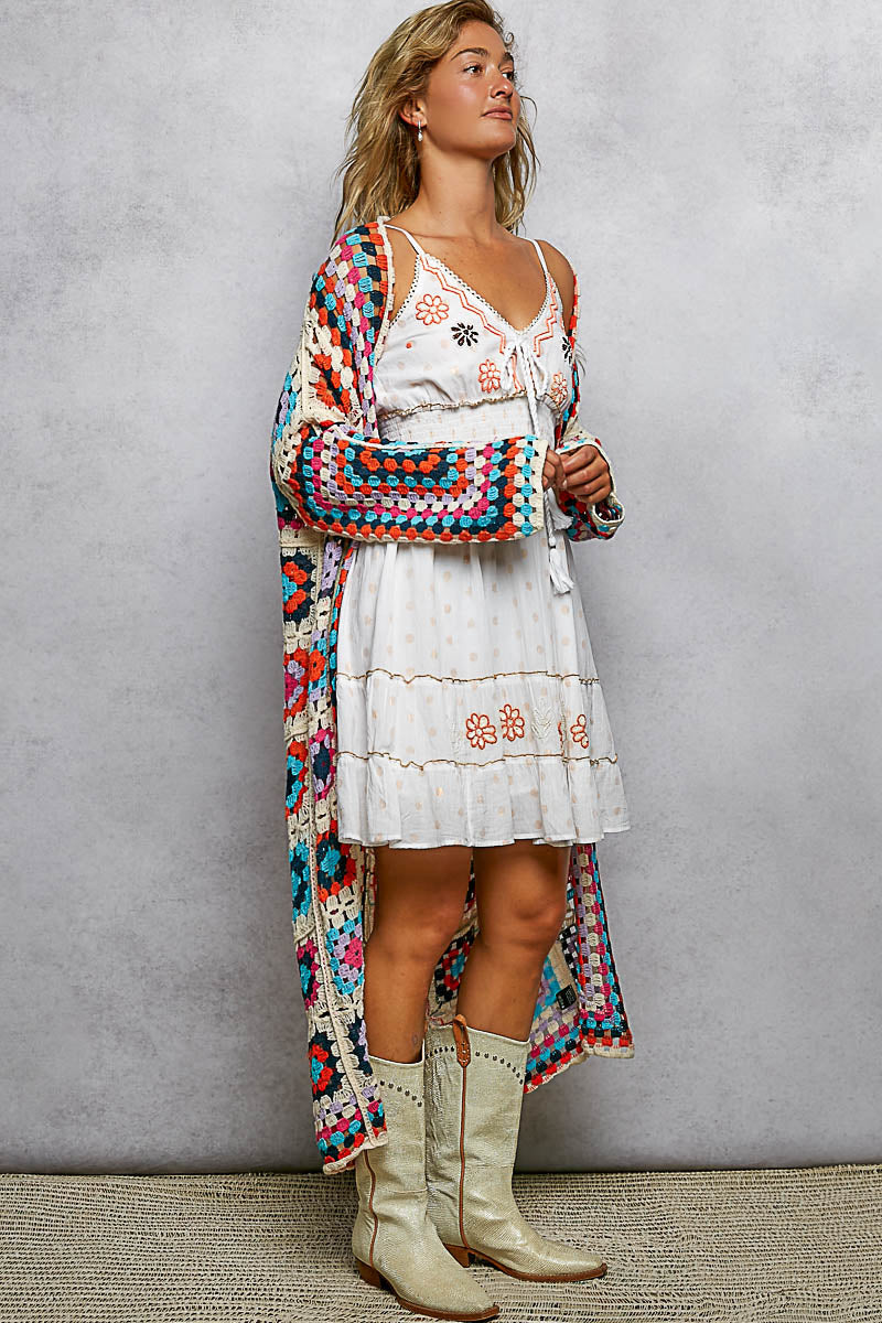 POL Beige Multi Oversized Crochet Knit Cardigan