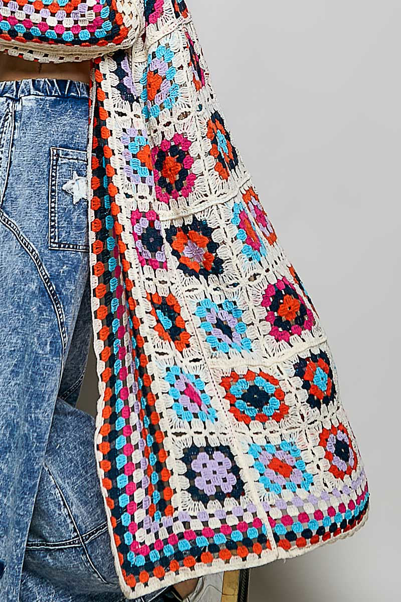 POL Beige Multi Oversized Crochet Knit Cardigan
