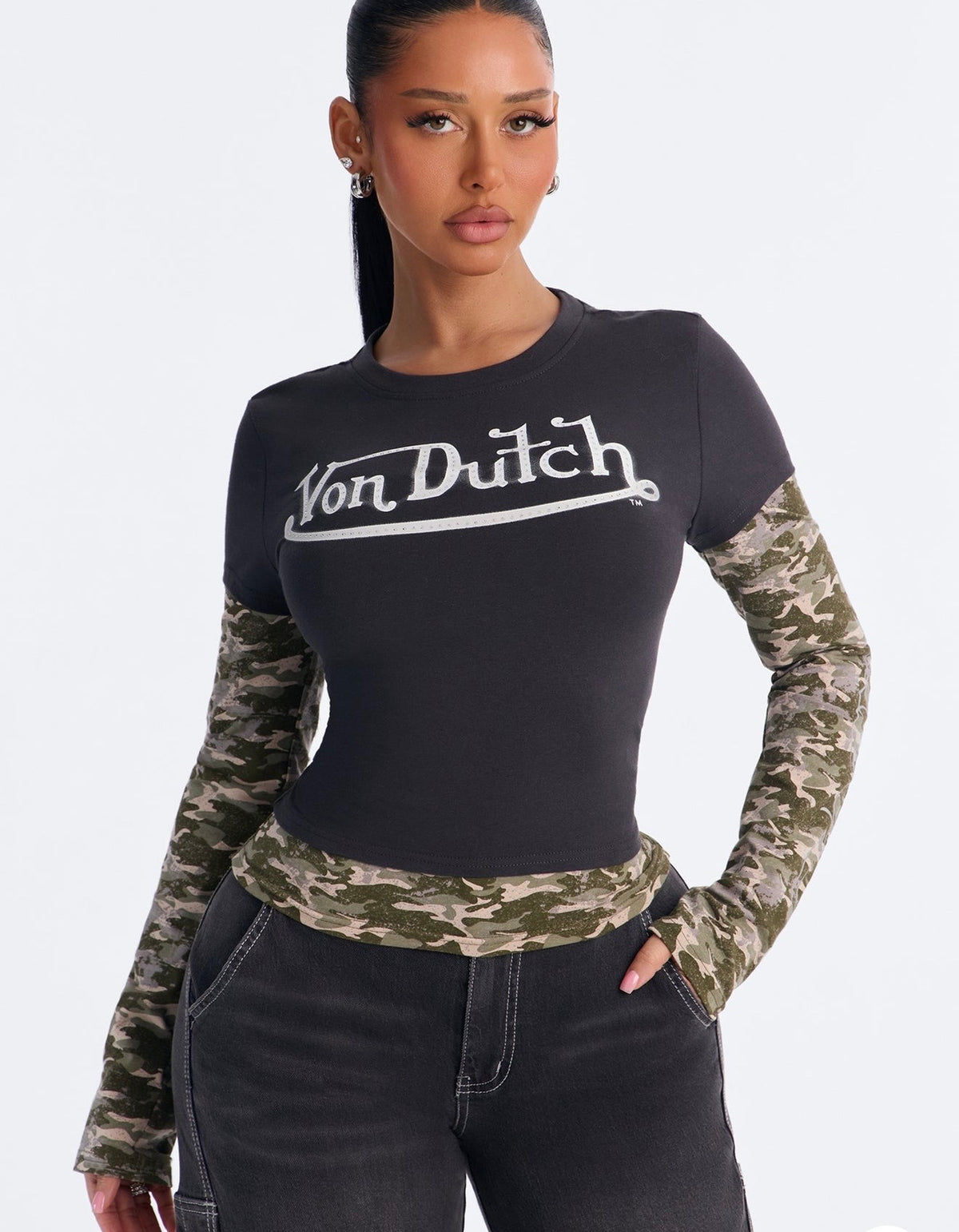 Von Dutch Rhinestone Camo Layered Long Sleeve Tee - Black Combo