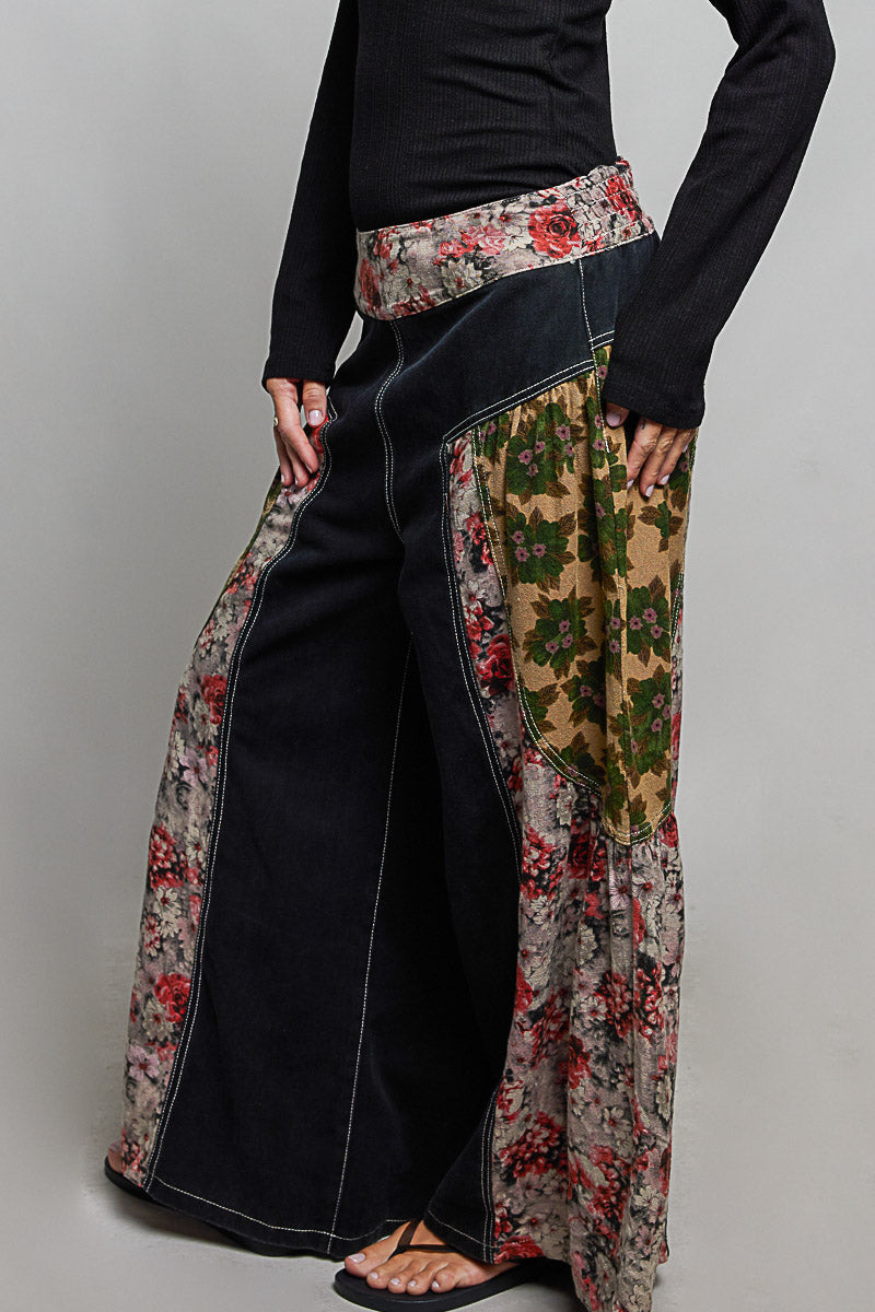 POL Vintage Floral Patchwork Wide-Leg Pants