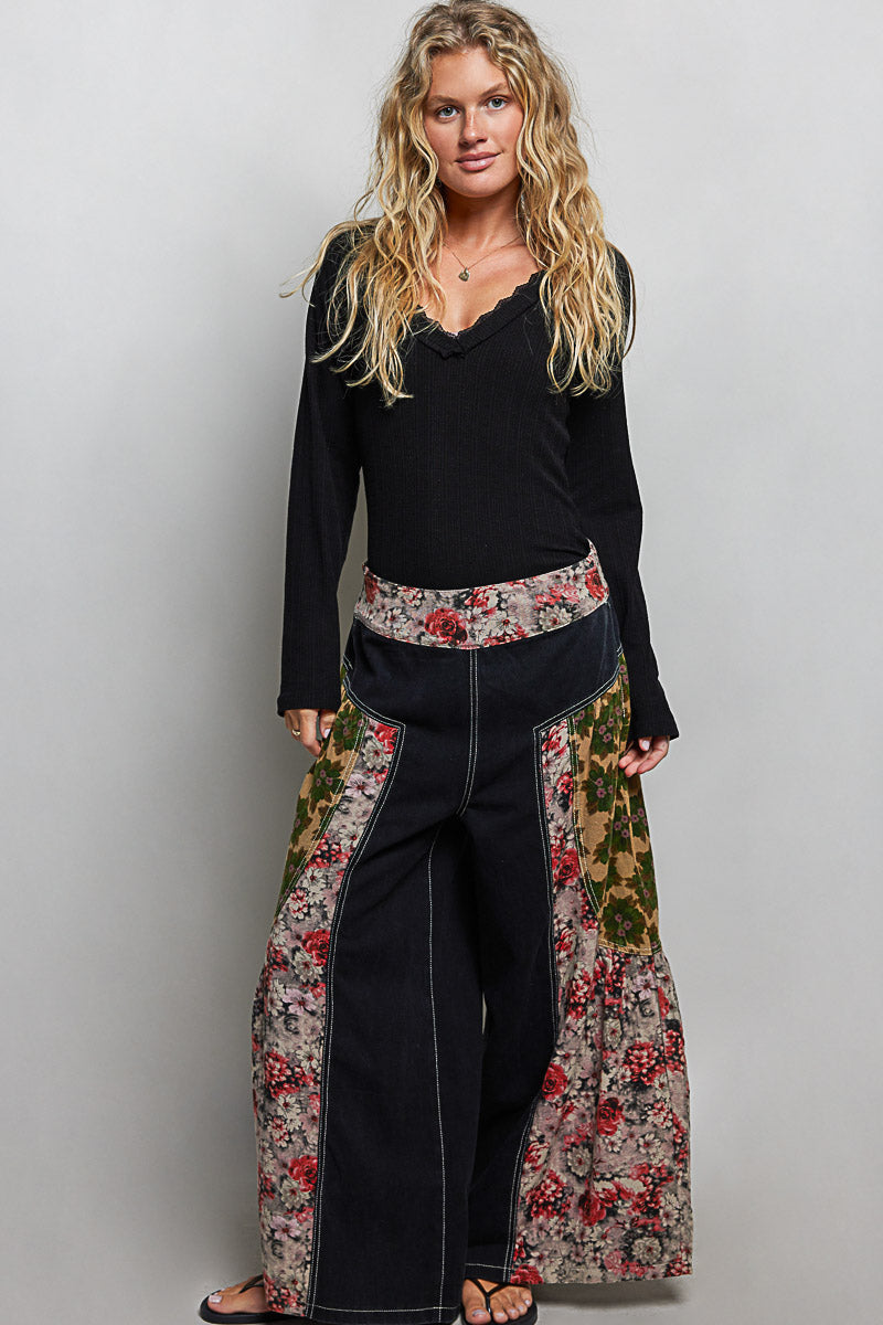 POL Vintage Floral Patchwork Wide-Leg Pants