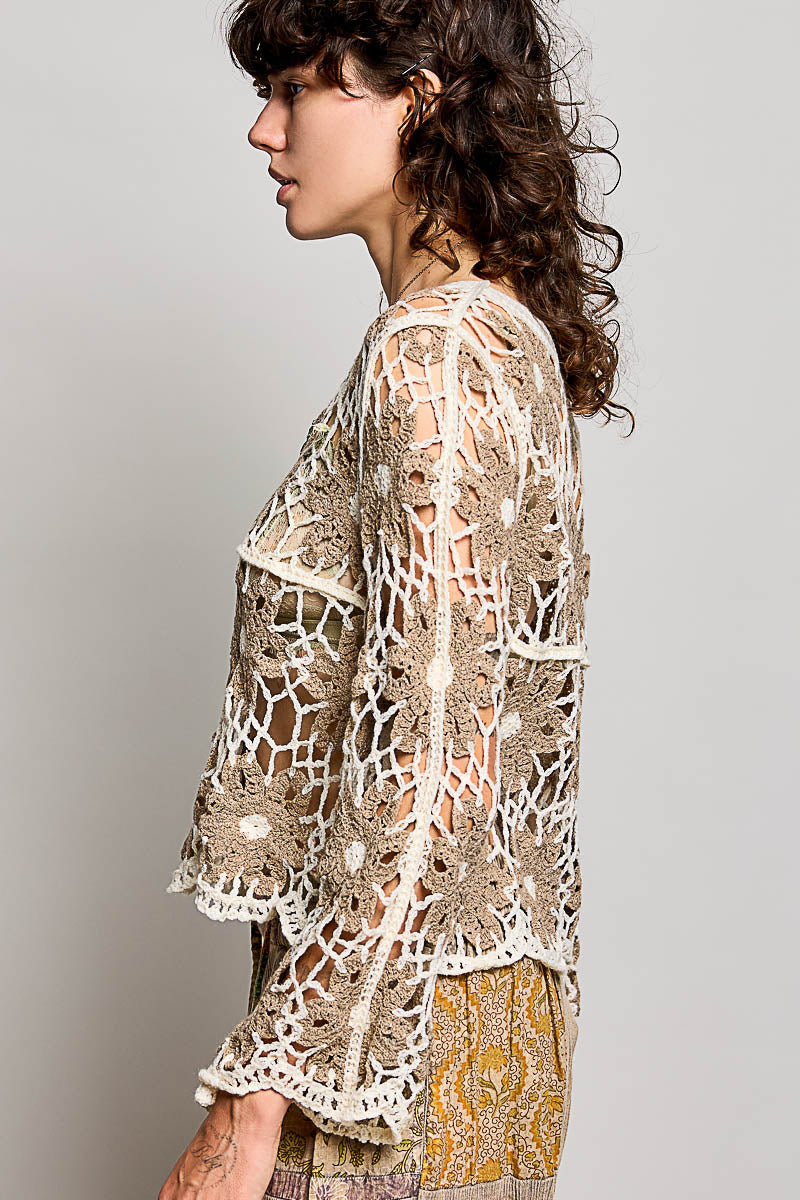 POL Mocha Multi Color Crochet Knit Top