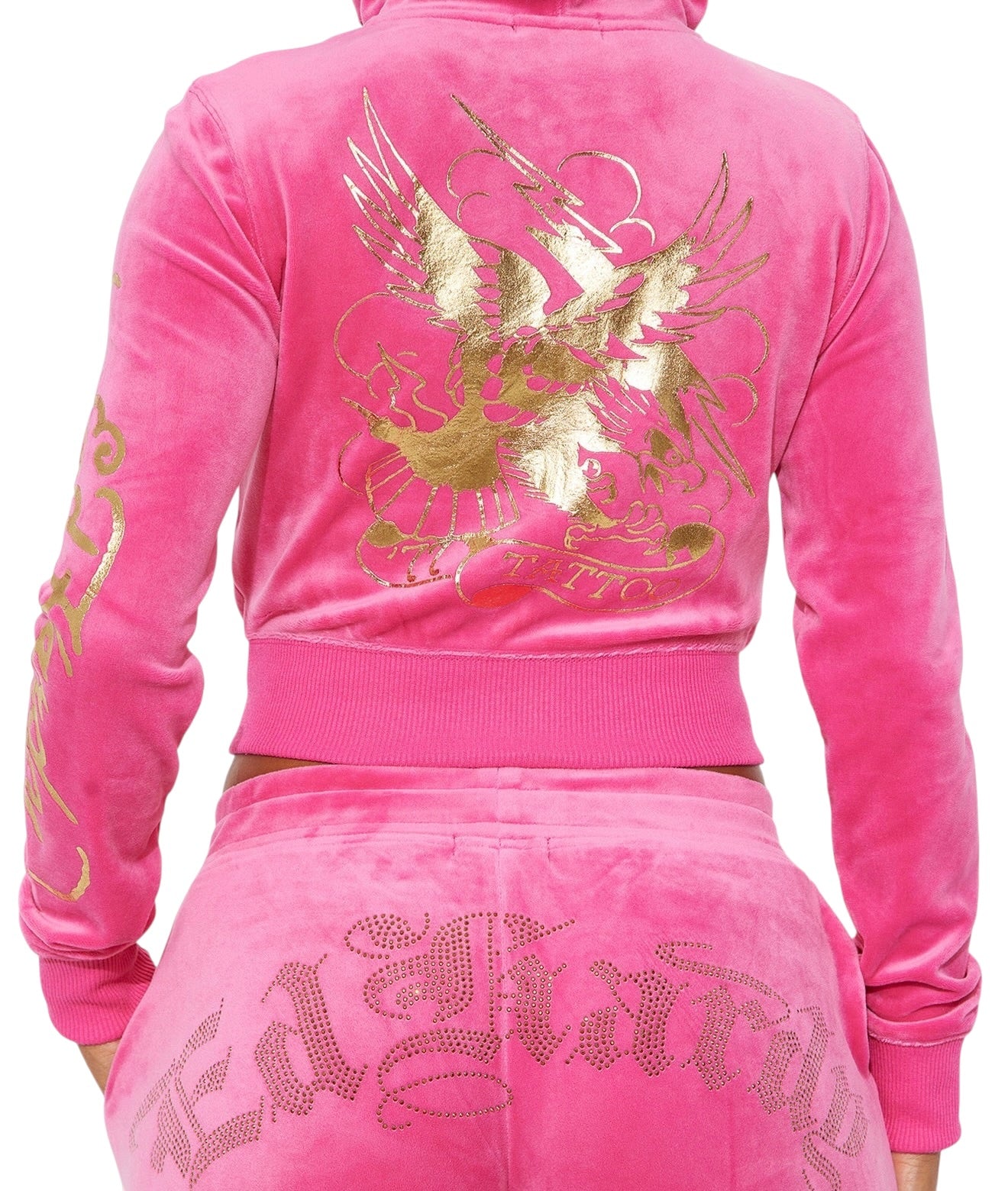 Ed Hardy Tattoo Eagle Velour Zip-Up Hoodie - Pink