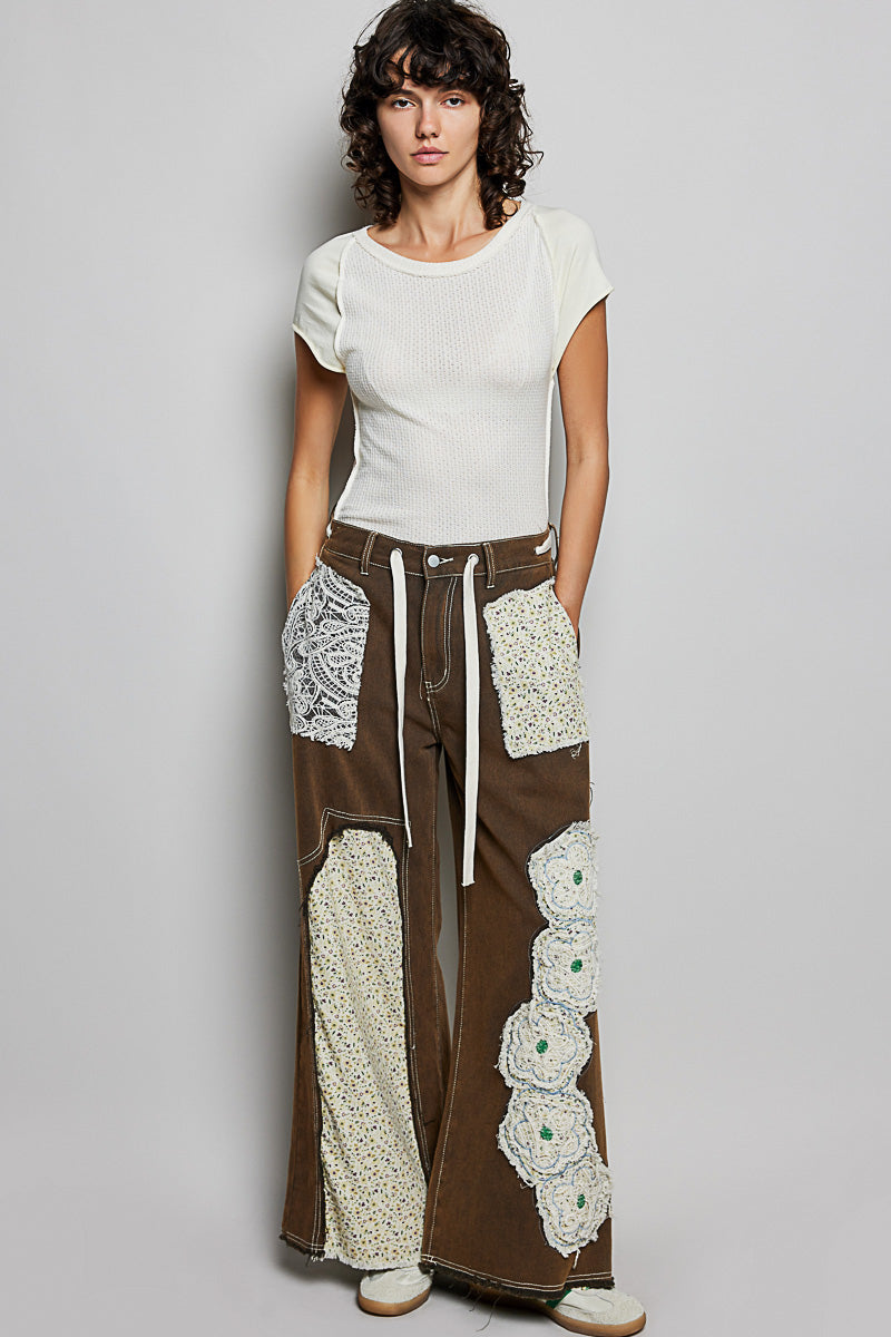 POL Rustic Charcoal Floral Patch Relaxed Denim Pants