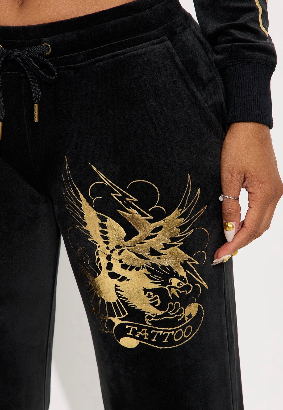 Ed Hardy Tattoo Gold Eagle Velour Pant - Black