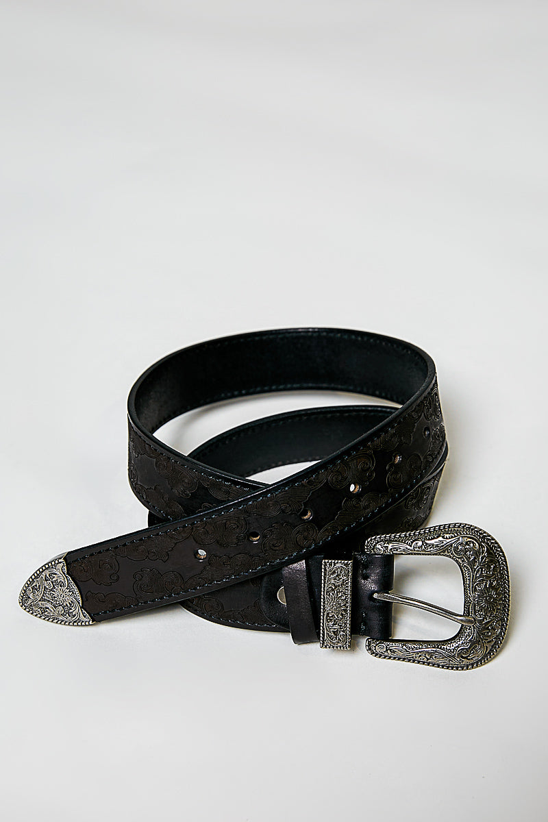 POL Black Floral Embossed Western Leather Belt