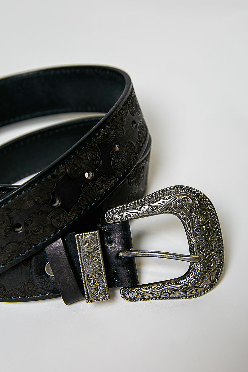 POL Black Floral Embossed Western Leather Belt