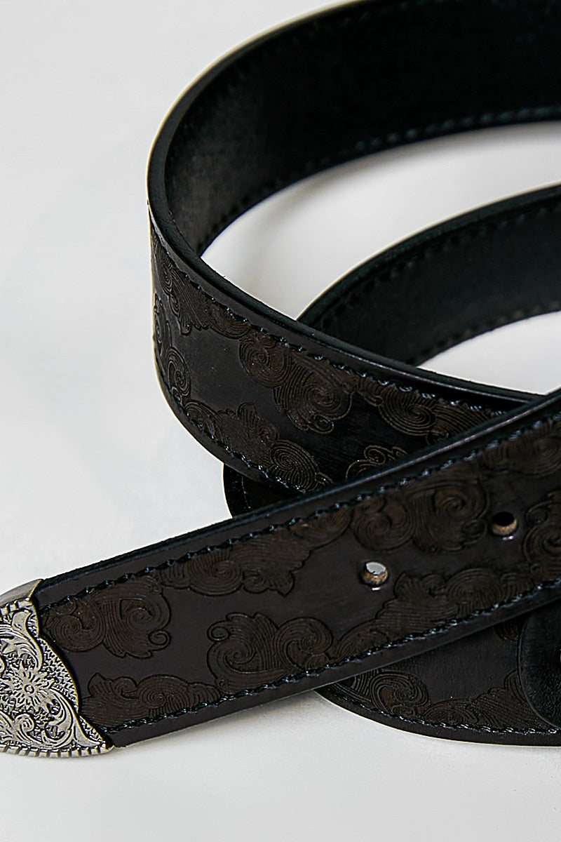 POL Black Floral Embossed Western Leather Belt
