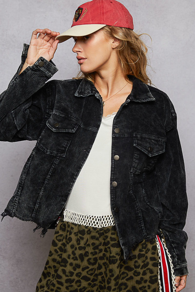 POL Black Relaxed-Fit Corduroy Trucker Jacket