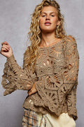 POL Olive Cropped Three-Quarter Sleeve Crochet Top