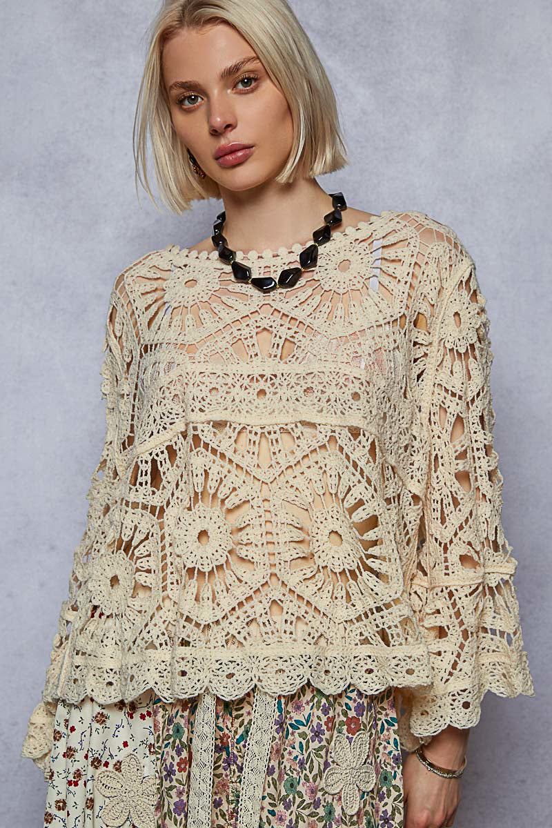 POL Cream Cropped Three-Quarter Sleeve Crochet Top