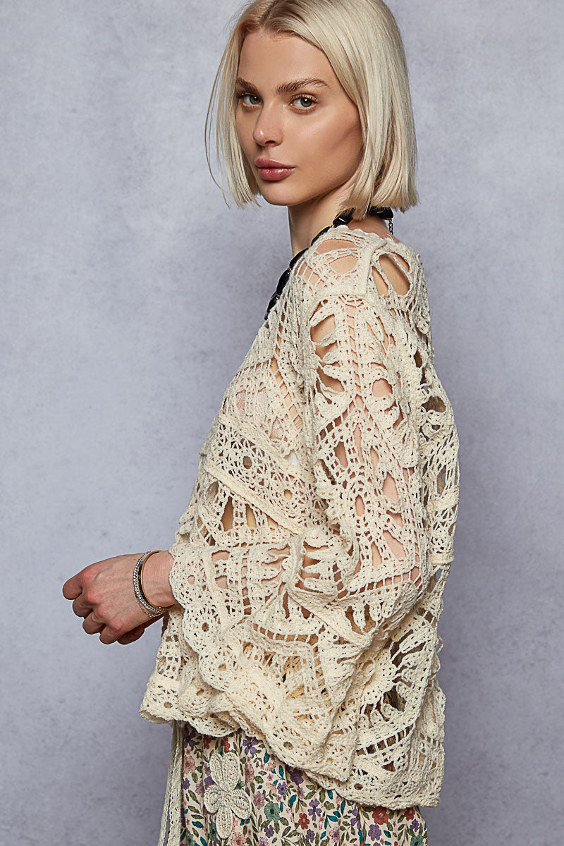 POL Cream Cropped Three-Quarter Sleeve Crochet Top