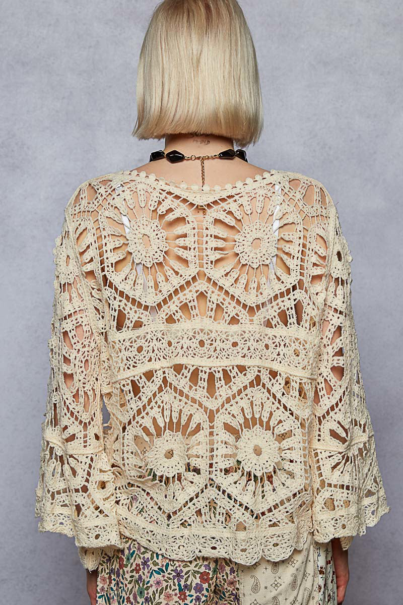 POL Cream Cropped Three-Quarter Sleeve Crochet Top