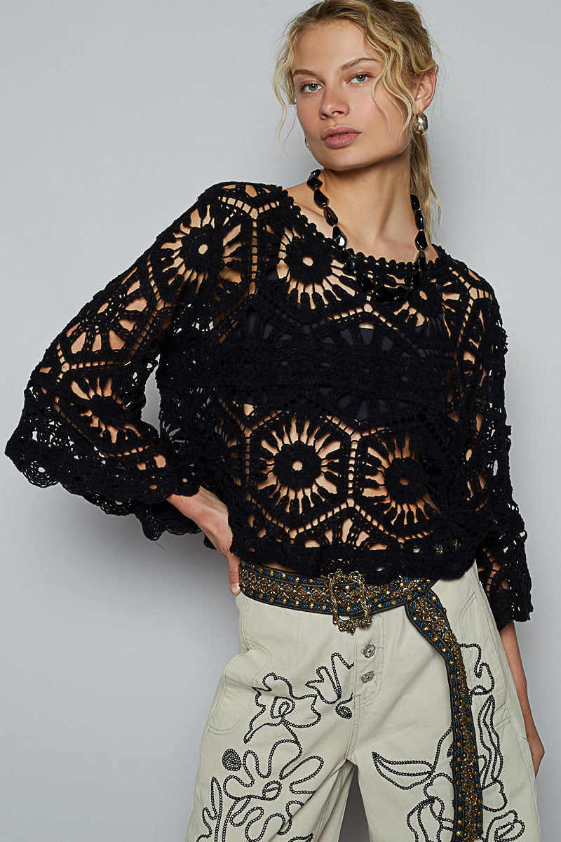 POL Black Cropped Three-Quarter Sleeve Crochet Top