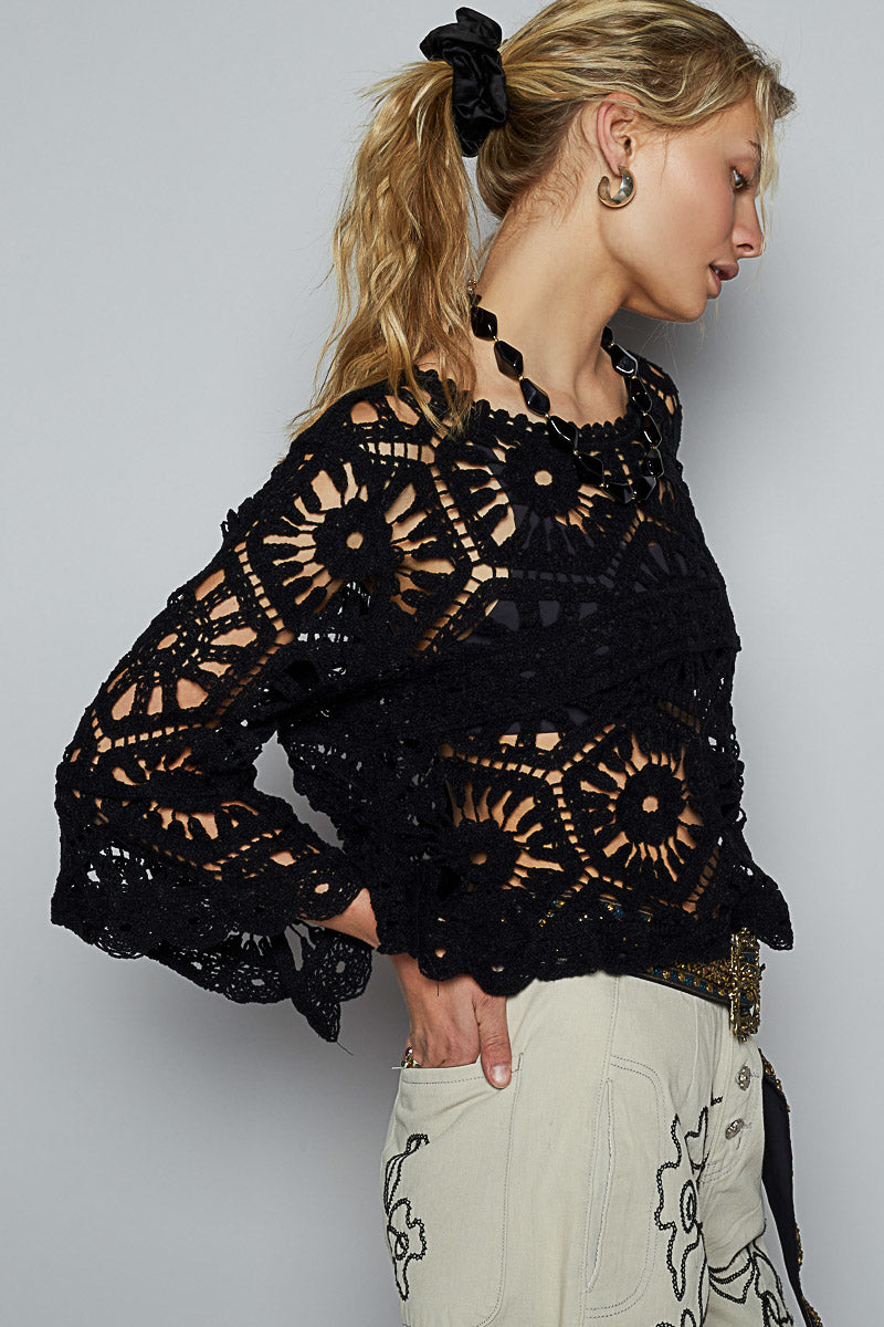 POL Black Cropped Three-Quarter Sleeve Crochet Top