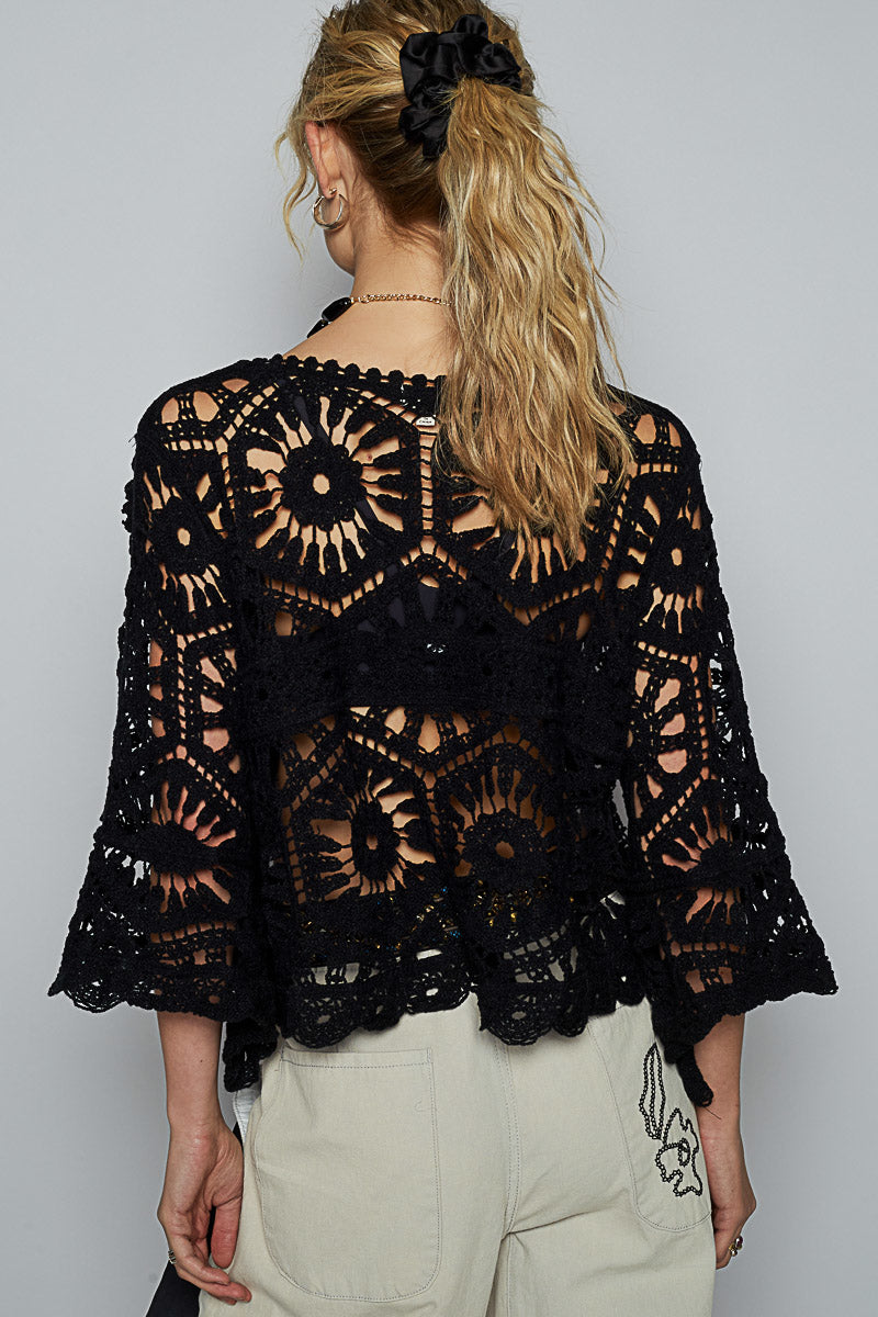 POL Black Cropped Three-Quarter Sleeve Crochet Top