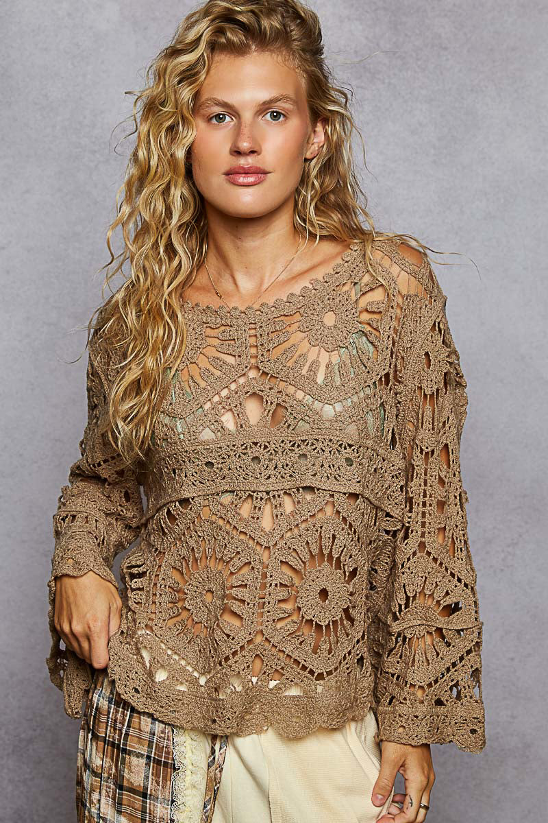 POL Olive Cropped Three-Quarter Sleeve Crochet Top