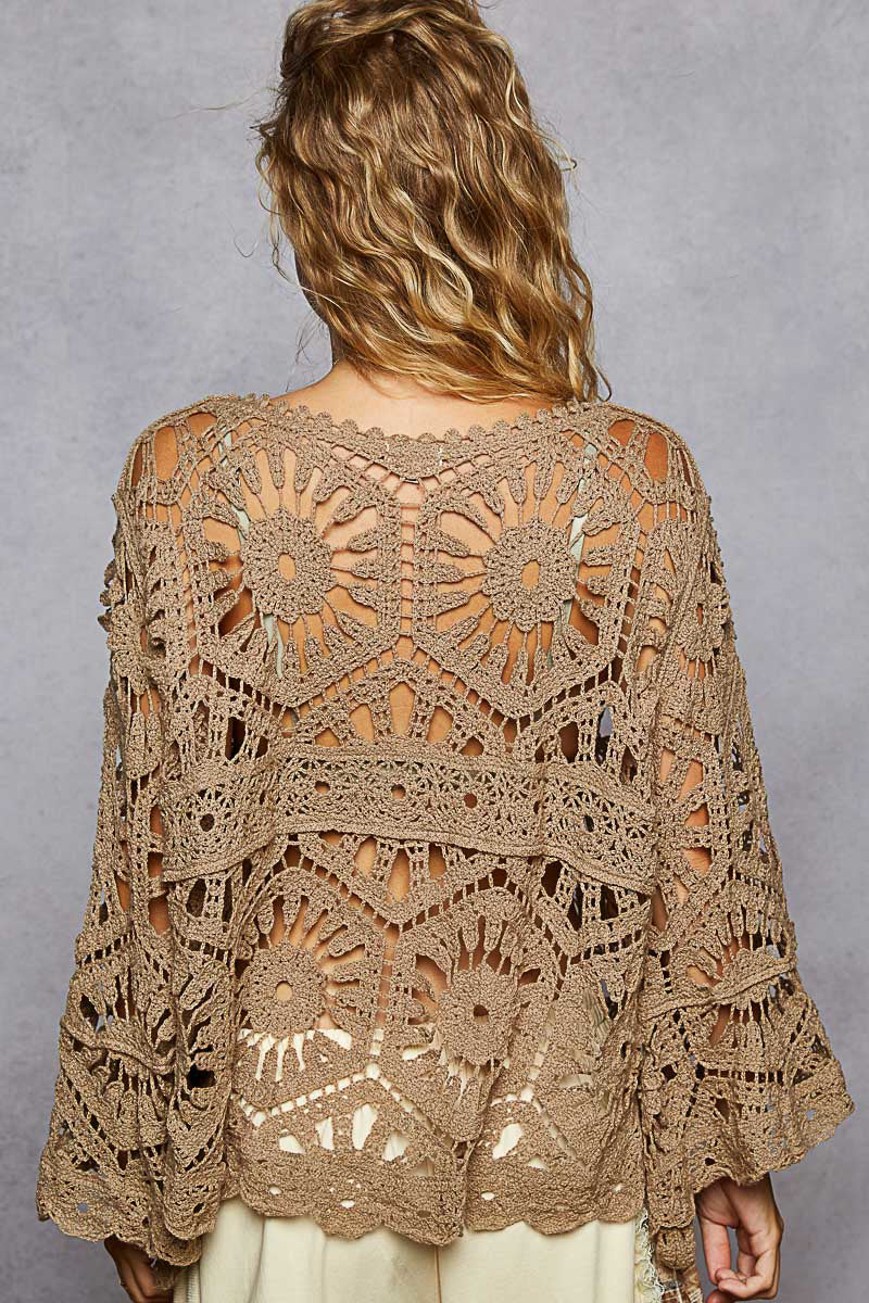 POL Olive Cropped Three-Quarter Sleeve Crochet Top
