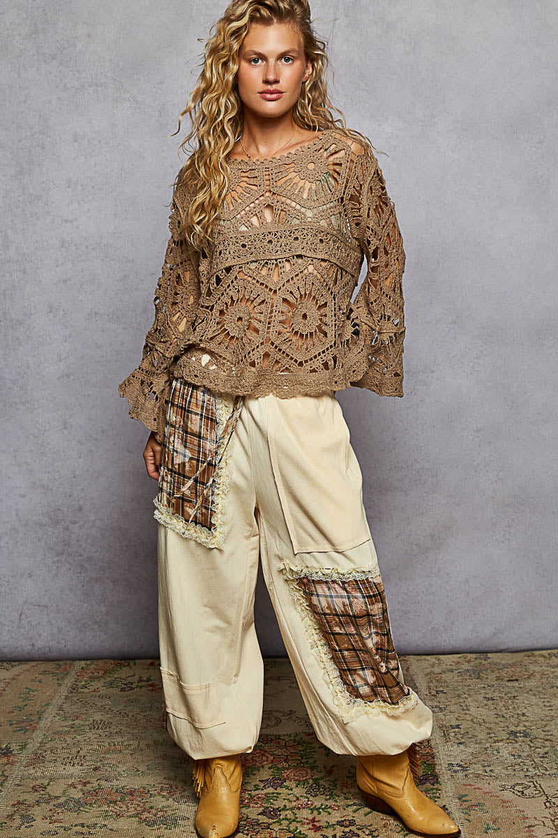 POL Olive Cropped Three-Quarter Sleeve Crochet Top