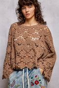 POL Chocolate Oversized Scalloped Crochet Top