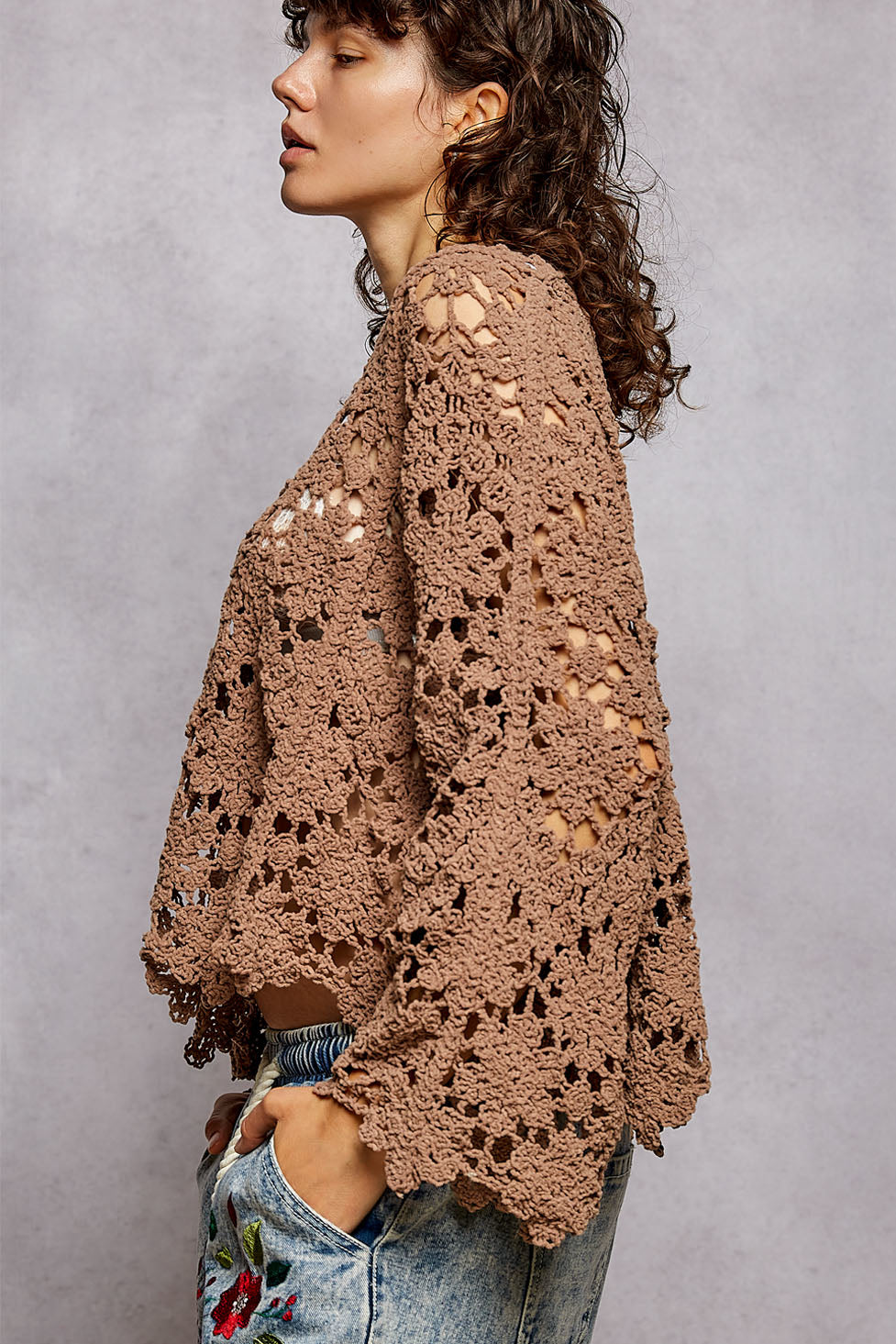 POL Chocolate Oversized Scalloped Crochet Top