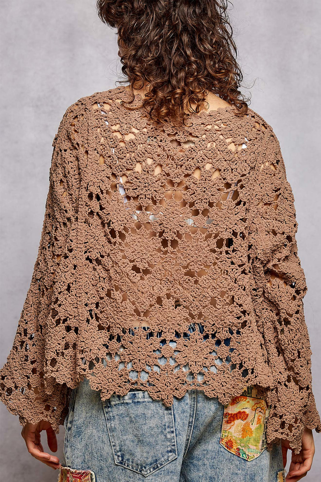 POL Chocolate Oversized Scalloped Crochet Top
