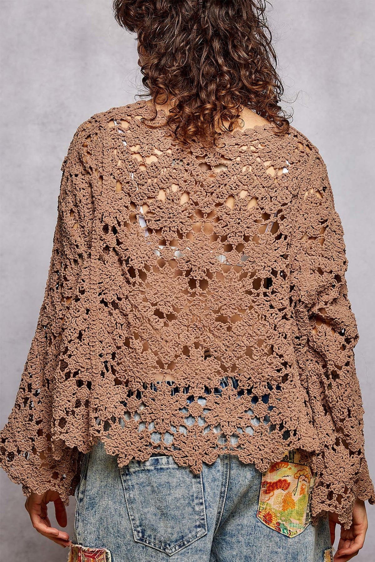 POL Chocolate Oversized Scalloped Crochet Top