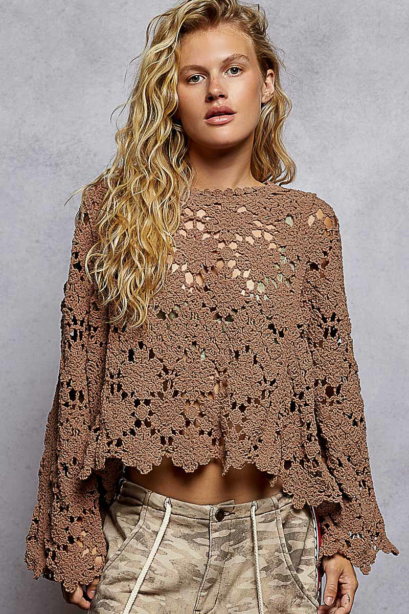 POL Chocolate Oversized Scalloped Crochet Top