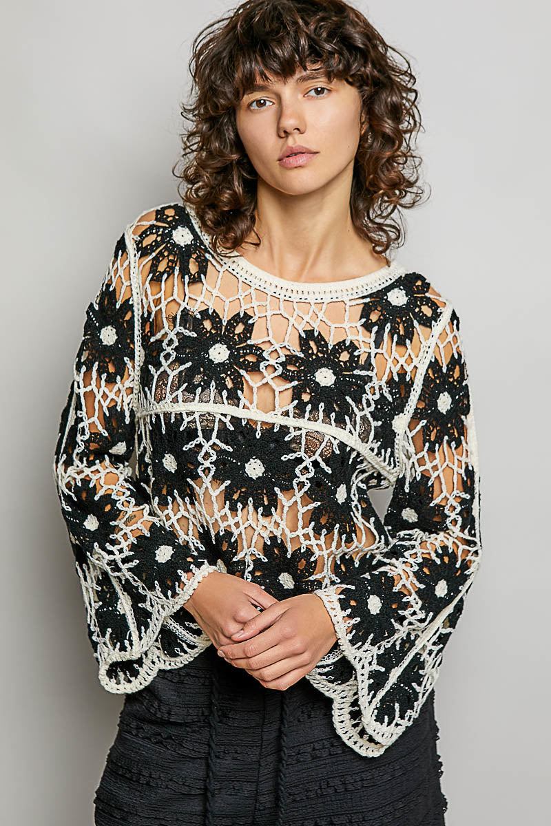 POL Black Multi Color Crochet Knit Top