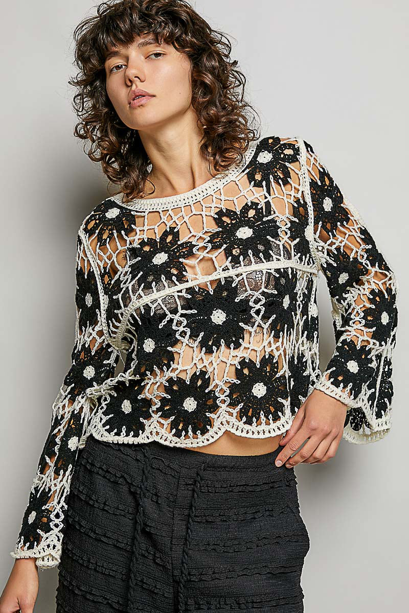 POL Black Multi Color Crochet Knit Top
