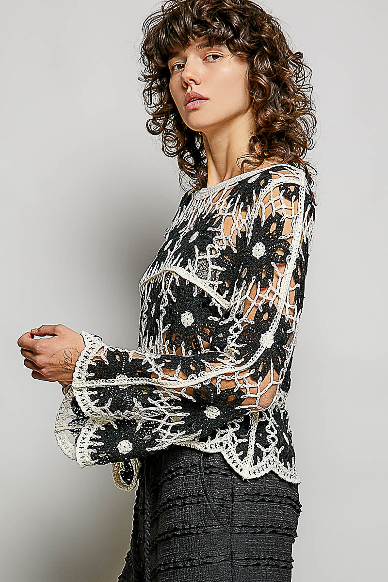 POL Black Multi Color Crochet Knit Top