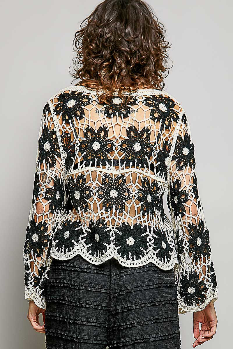 POL Black Multi Color Crochet Knit Top
